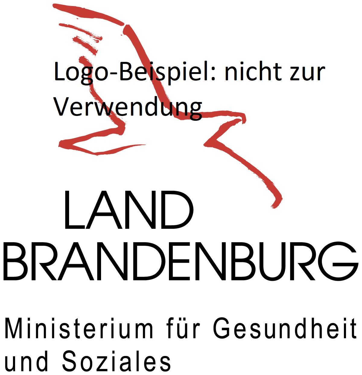 MGS Logo-Beispiel: nicht zur Verwendung Das Logo besteht aus der roten Kontur eines fliegenden Adlers, darunter steht Land Brandenburg und Ministerium für Gesundheit und Soziales.