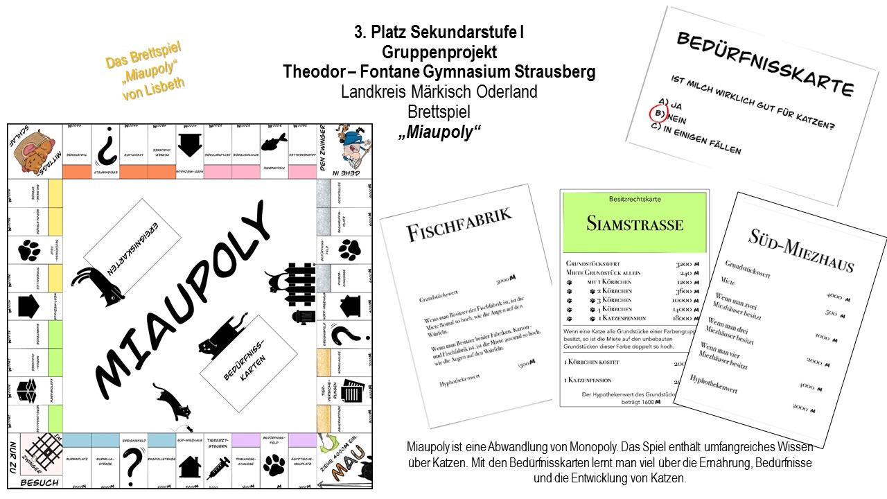 Dieses Bild zeigt den Spielplan sowie Spielzubehör des Spiels Miaupoly, das im ersten Brandenburger Schülerwettbewerb zum Thema Tierschutz den drittten Preis in der Kategorie Sekundarstufe I gewonnen hat.