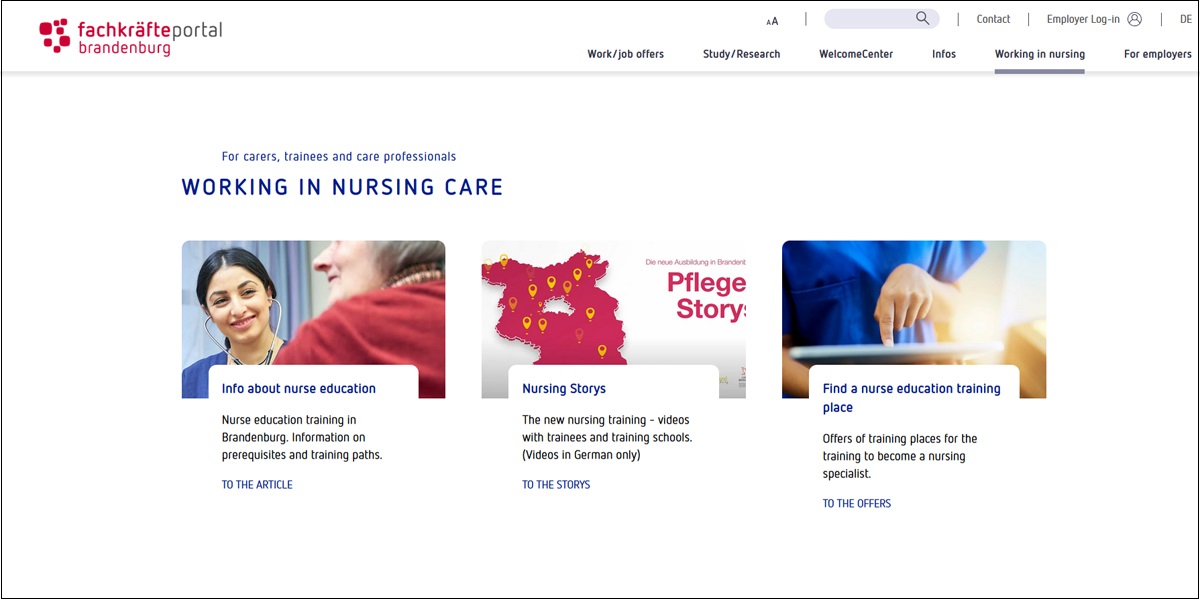 Screenshot der neuen Internetseite zur Anwerbung von internationalen Pflegekräfte 