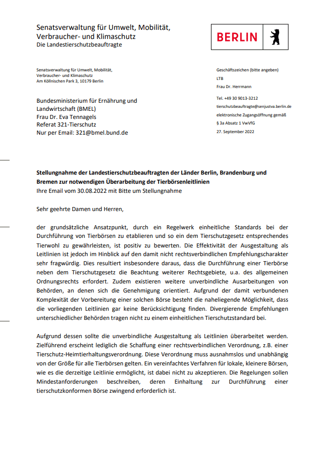 Titel Stellungnahme der Landestierschutzbeauftragten der Länder Berlin, Brandenburg und  Bremen zur notwendigen Überarbeitung der Tierbörsenleitlinien