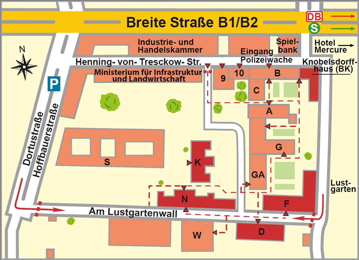 Das ist der Lageplan vom Ministerium für Gesundheit und Soziales des Landes Brandenburg. Er zeigt auf einer Karte den Standort des Ministeriumsgebäude in der Stadt Potsdam an. Die Karte zeigt einen Ausschnitt im Bereich Breite Straße B1/B2, Dortustraße und Am Lustgartenwall.