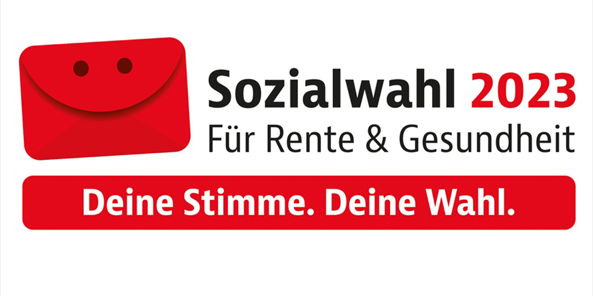 Logo Sozialwahl 2023; Für Rente und Gesundheit; Deine Stimme. Deine Wahl 